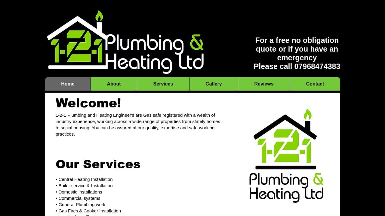 1-2-1 PLUMBING & HEATING LIMITED website screenshot