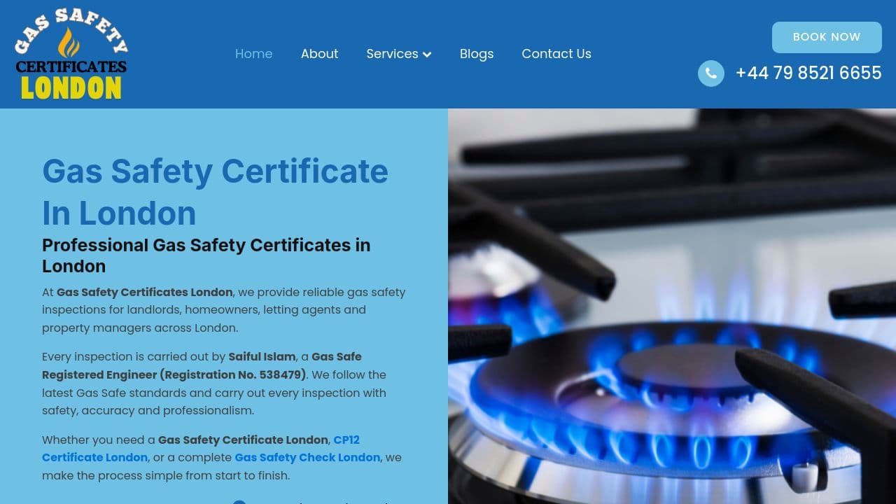 GAS SAFETY CERTIFICATES LONDON LTD website screenshot