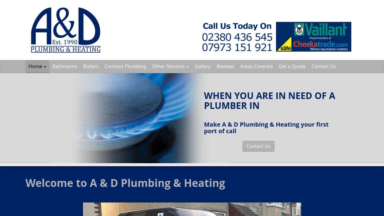 A & D PLUMBING AND HEATING (HAMPSHIRE) LIMITED website screenshot