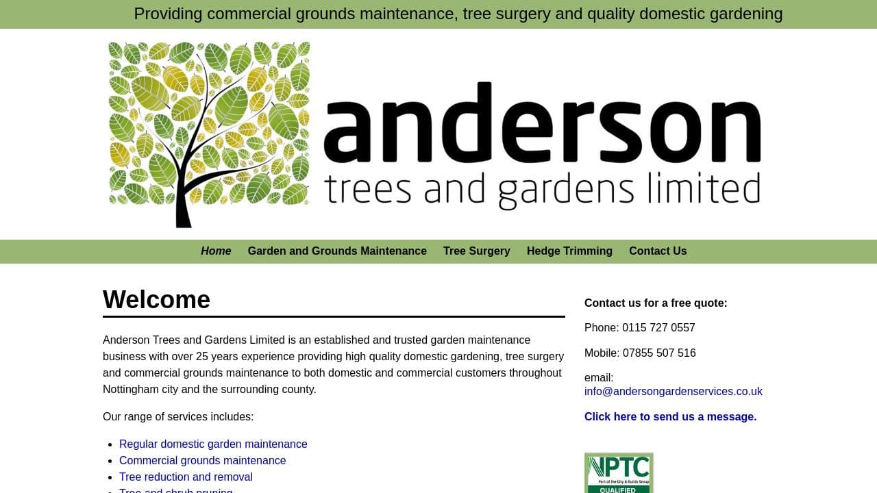 ANDERSON TREES AND GARDENS LIMITED website screenshot