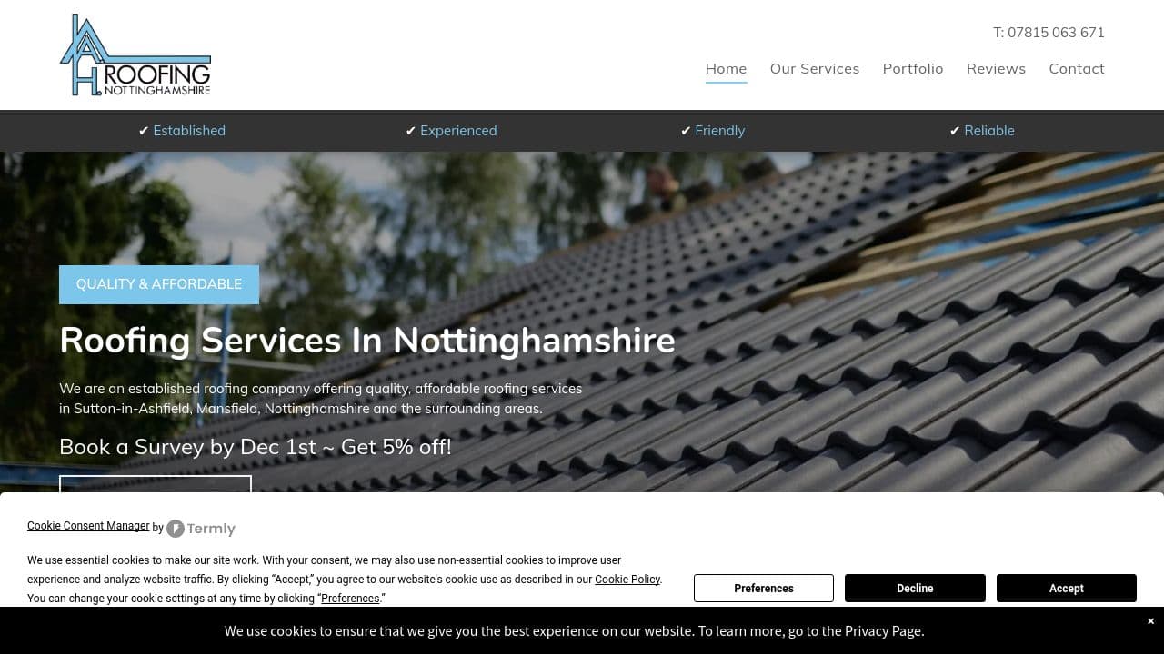 A H ROOFING NOTTINGHAMSHIRE LTD website screenshot