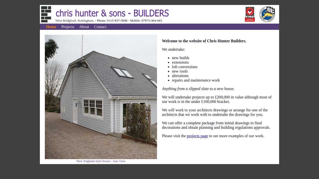 CHRIS HUNTER BUILDERS LIMITED website screenshot