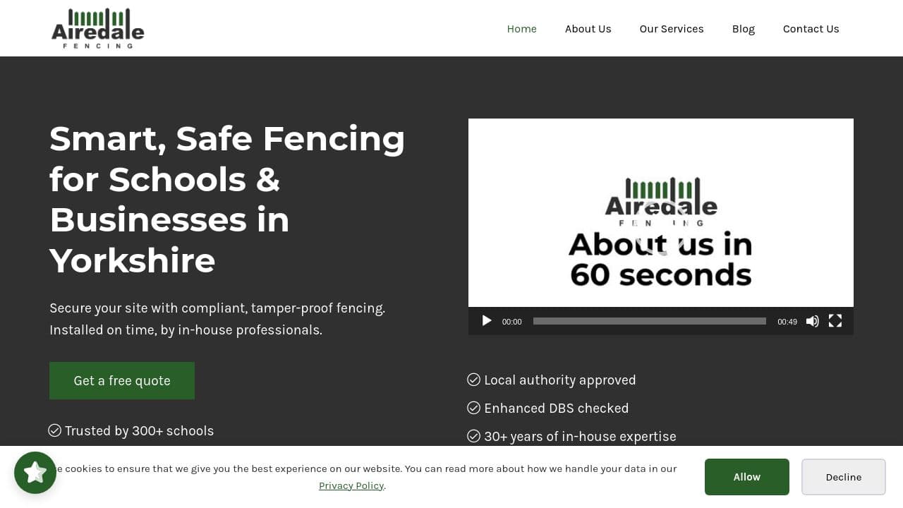 AIREDALE FENCING LTD website screenshot