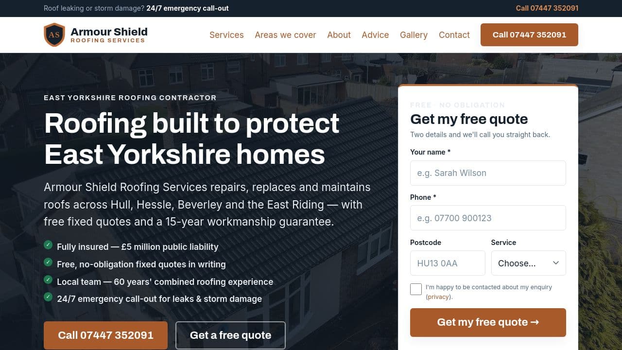 ARMOURSHIELD ROOFING SERVICES LTD website screenshot