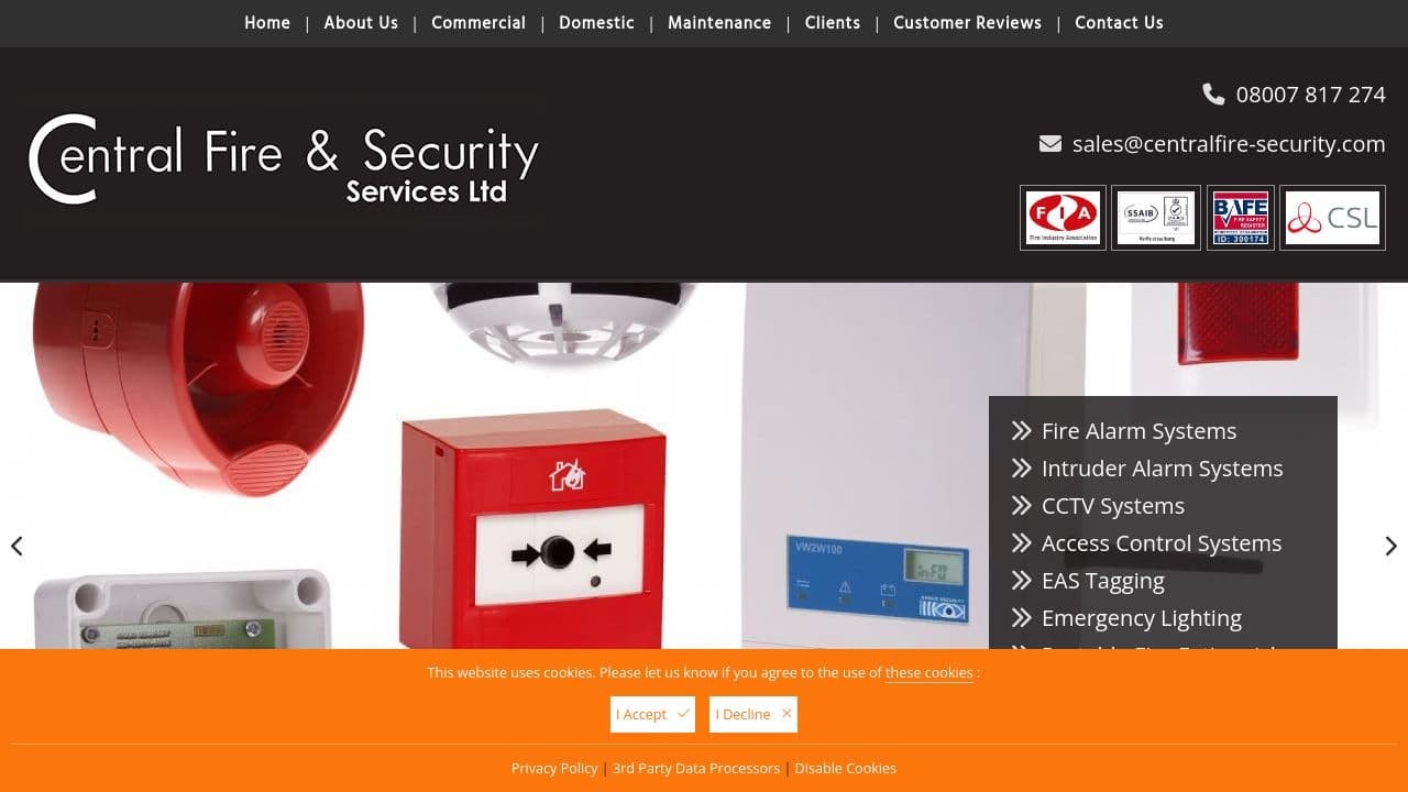 CENTRAL FIRE SAFETY AND ALARM SYSTEMS LTD website screenshot