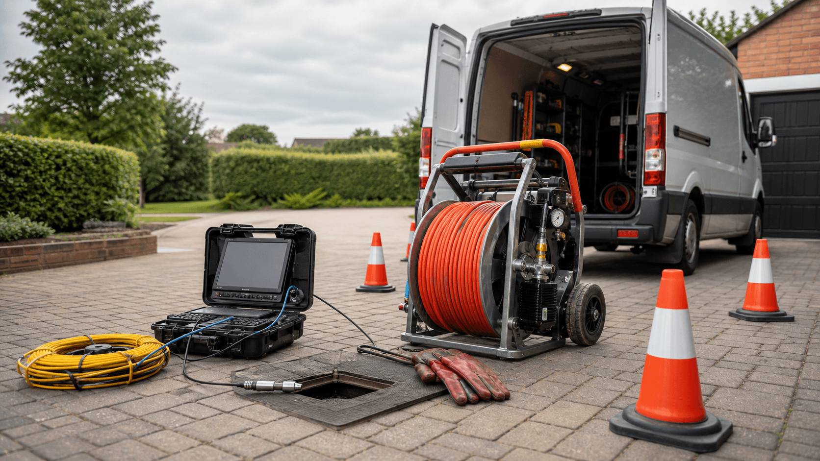 Professional drain jetting and CCTV inspection equipment prepared for an emergency callout