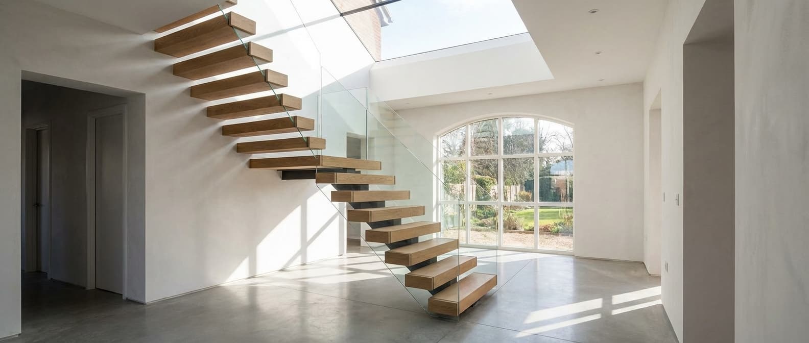 Contemporary floating timber staircase with glass balustrade