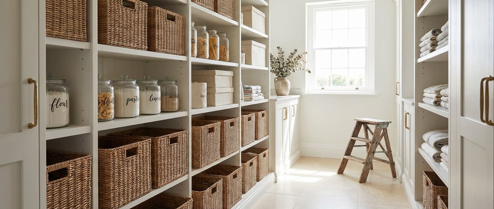 Well-organised walk-in storage room with custom built-in shelving