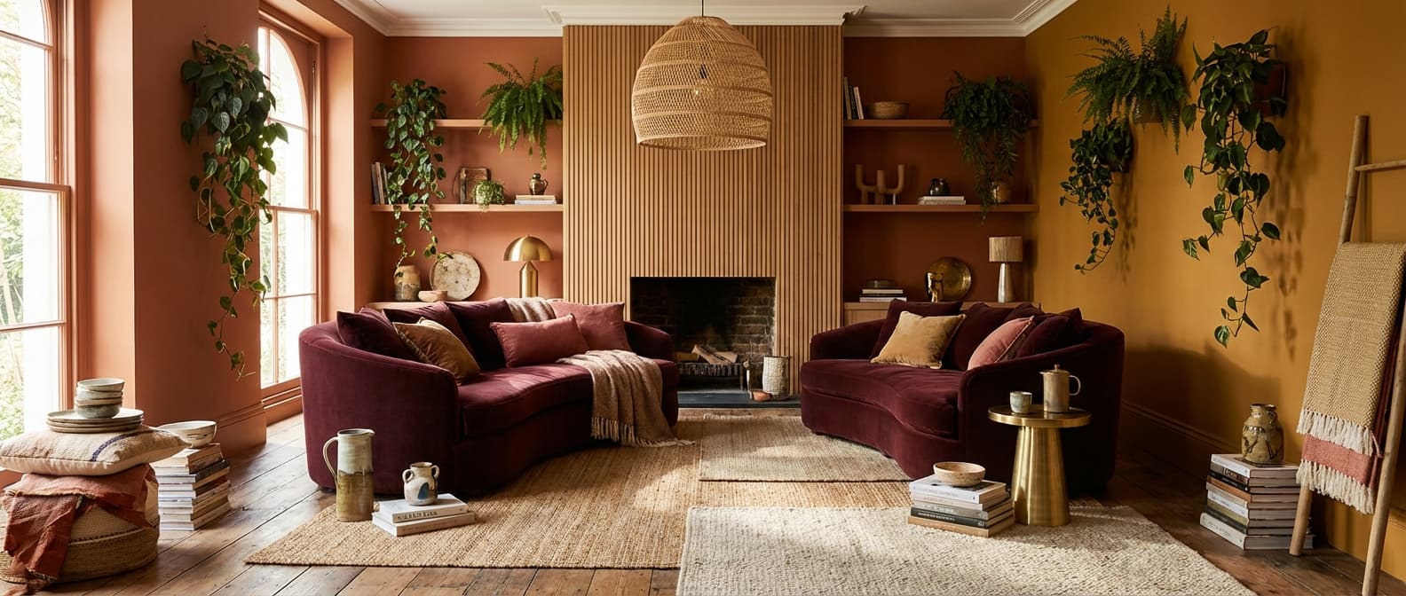 Stylish living room showcasing 2026 interior design trends with warm tones