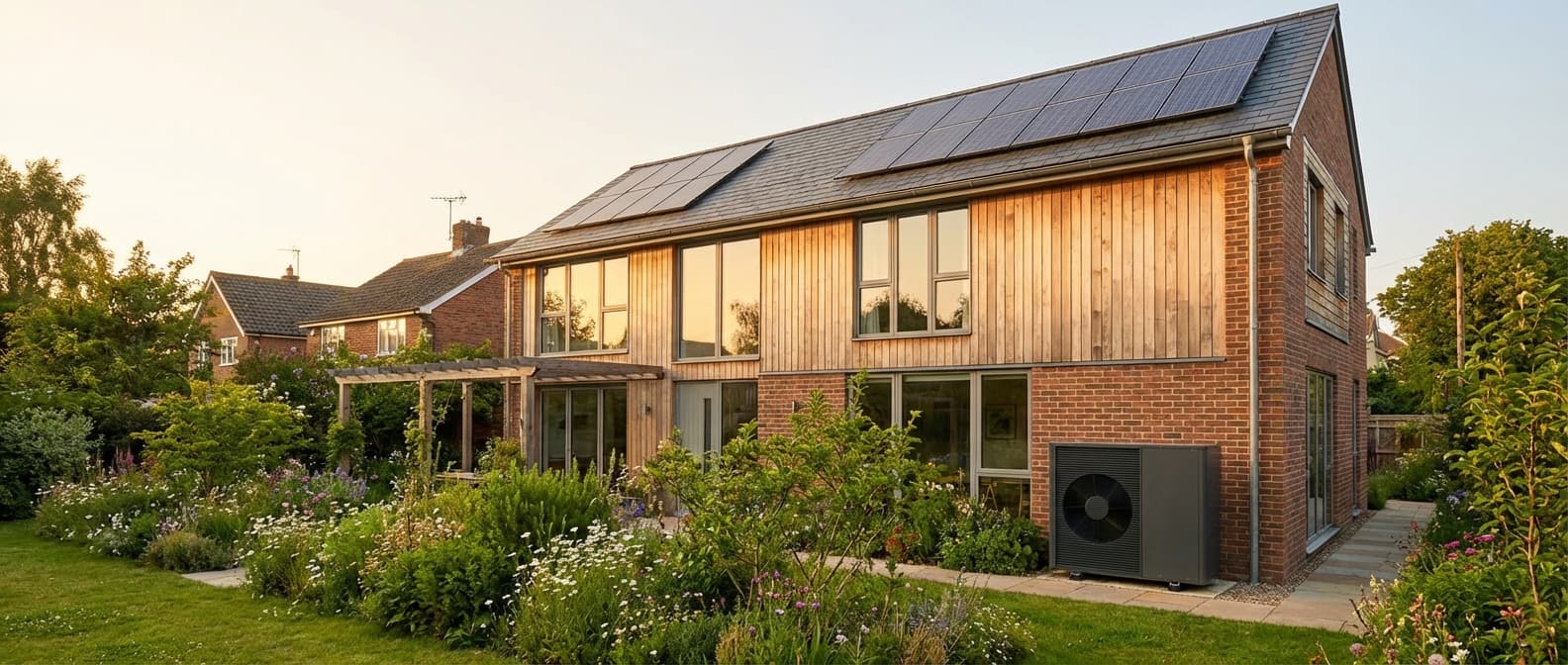 Modern sustainable home with solar panels and heat pump