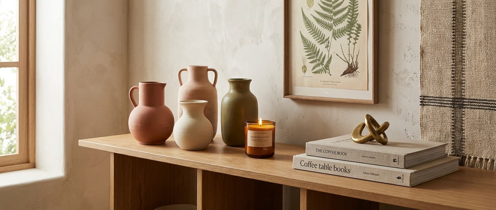 Curated home accessories on a console table with ceramic vases