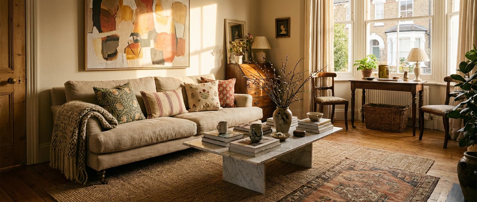 Beautifully styled living room with linen sofa and layered textures