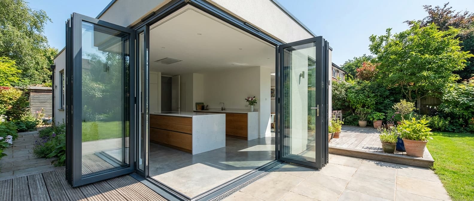 Contemporary bi-fold doors opening from kitchen onto garden