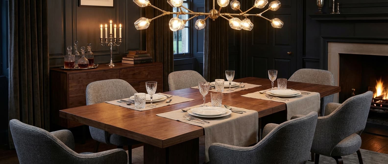 Elegant walnut dining table set for six with statement chandelier