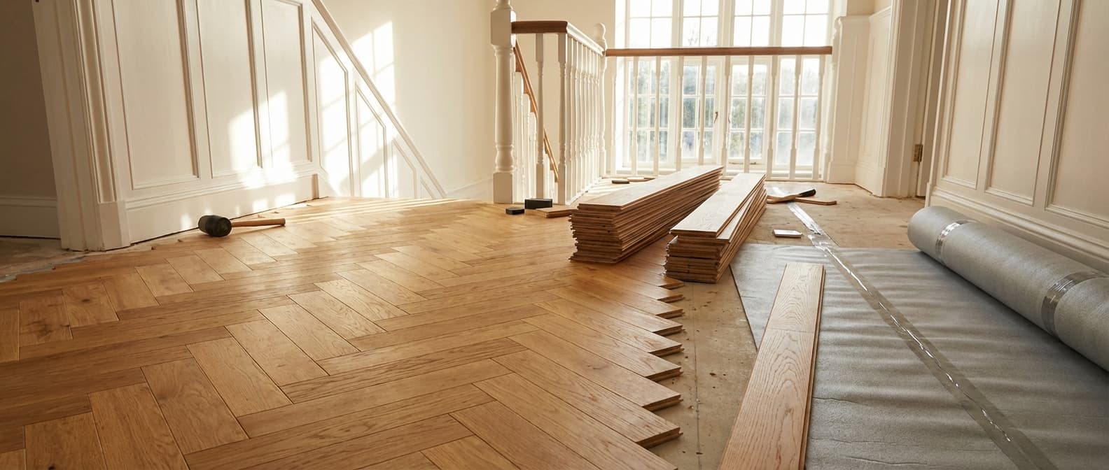 Engineered oak herringbone flooring being laid in a bright hallway