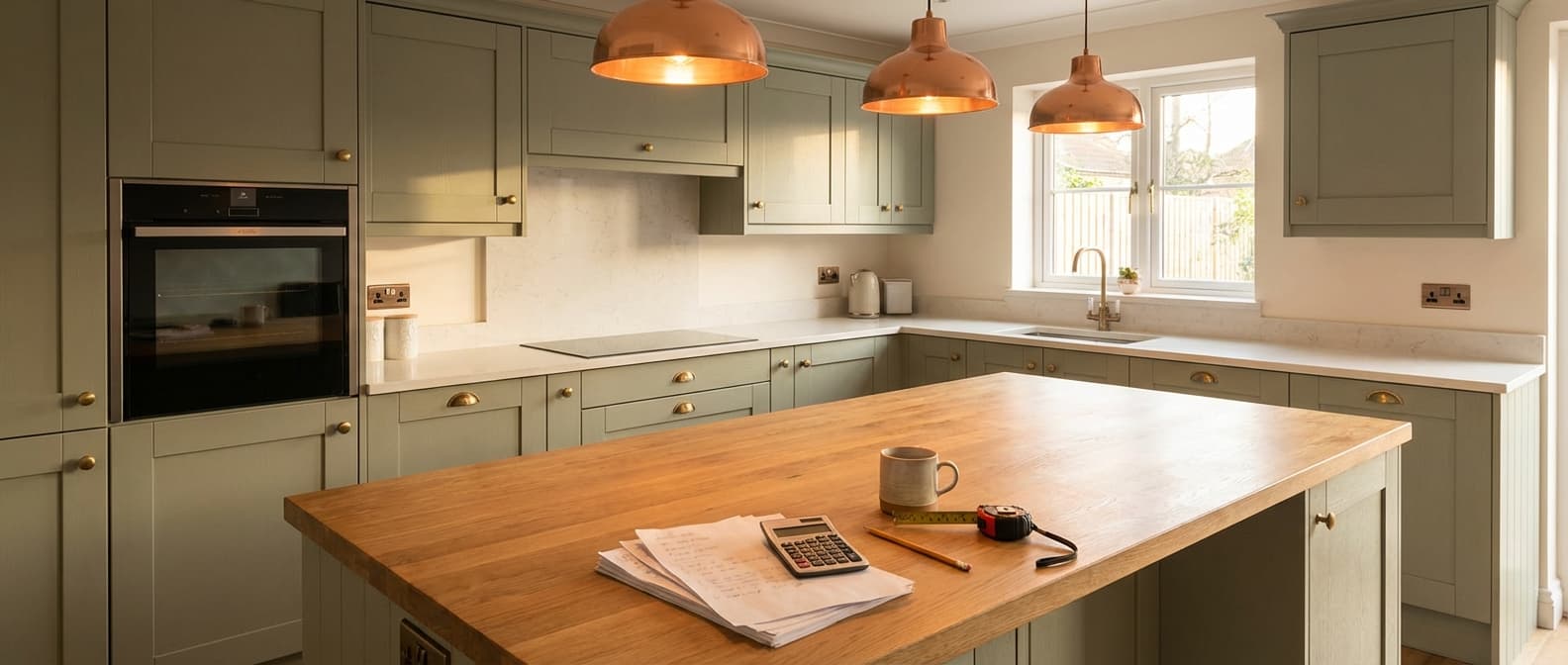 Beautiful fitted kitchen with cost estimate materials on the counter