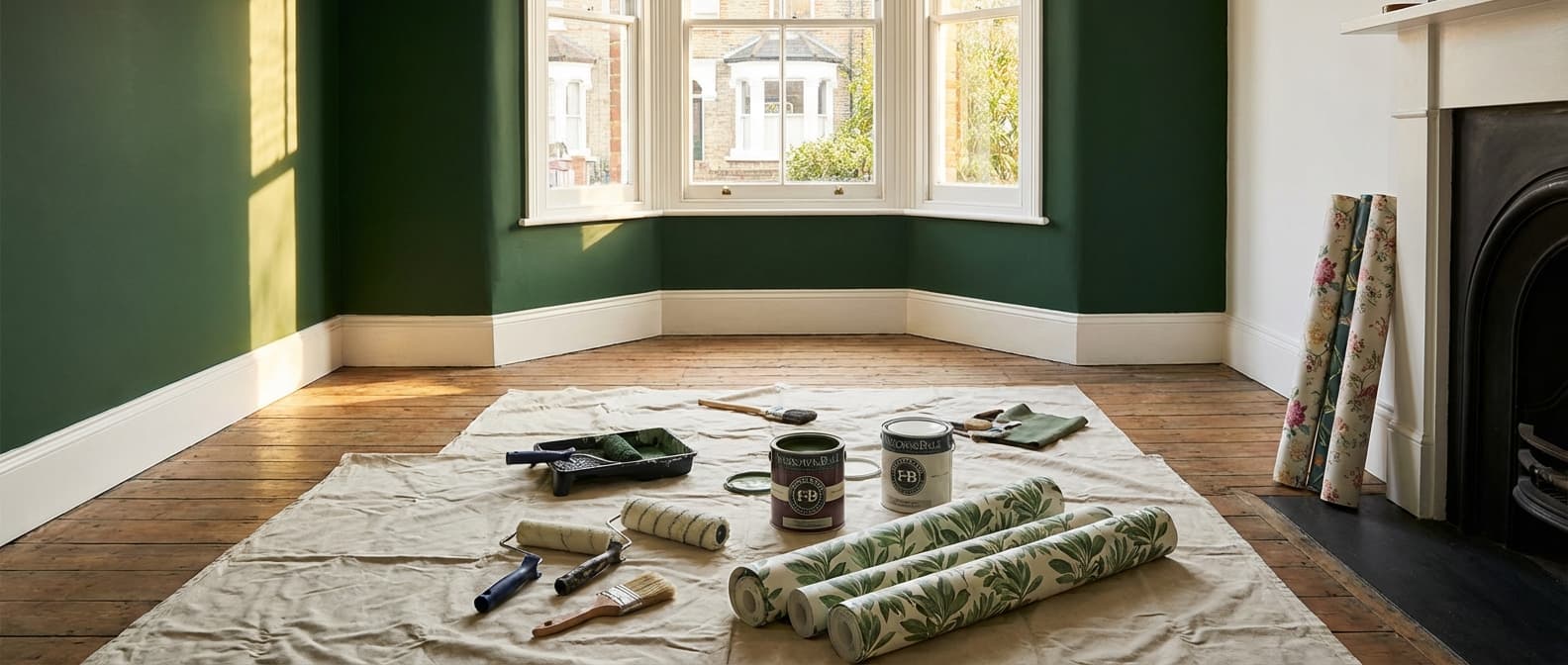 Feature wall in deep green with paint supplies and wallpaper rolls