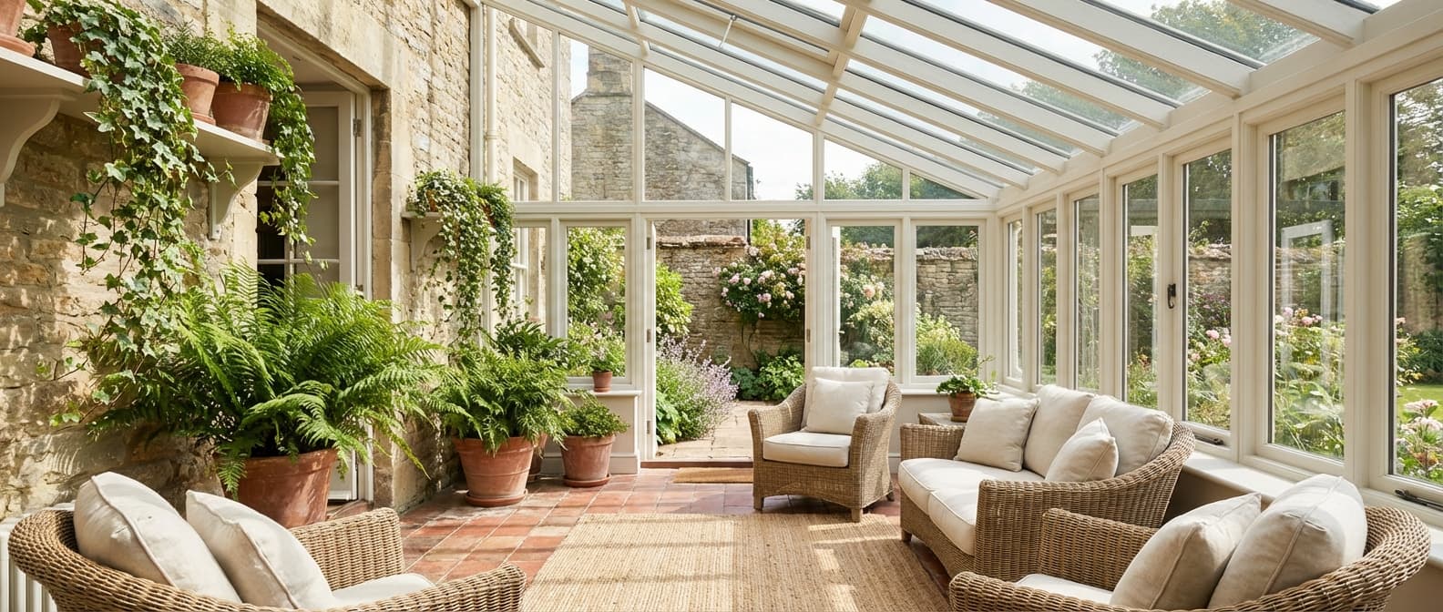 Light-filled Victorian conservatory with wicker furniture and plants