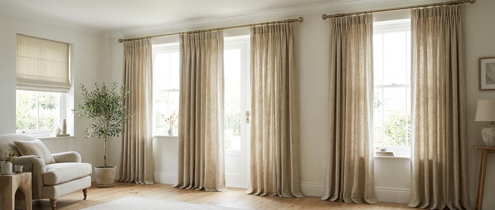 Floor-length linen curtains with brass pole and Roman blind
