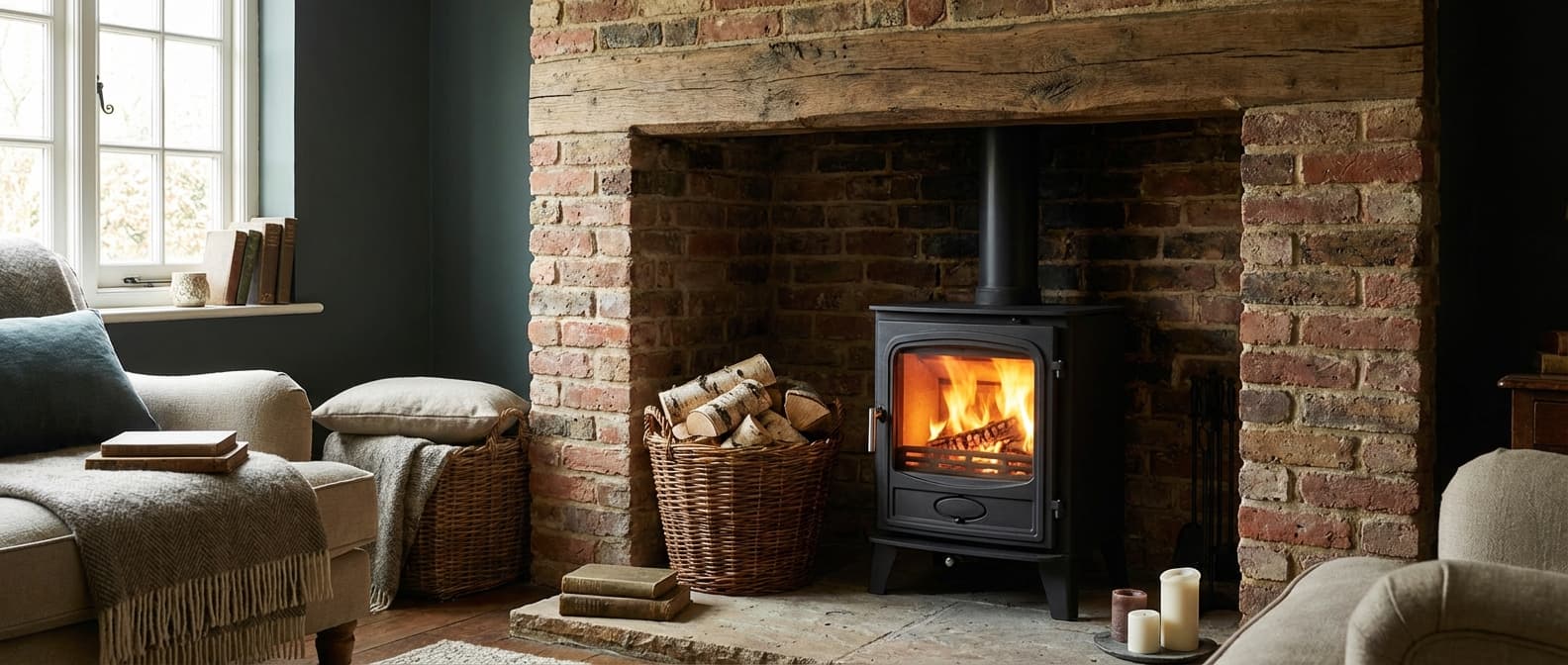 Log-burning stove in a brick fireplace with oak beam mantelpiece