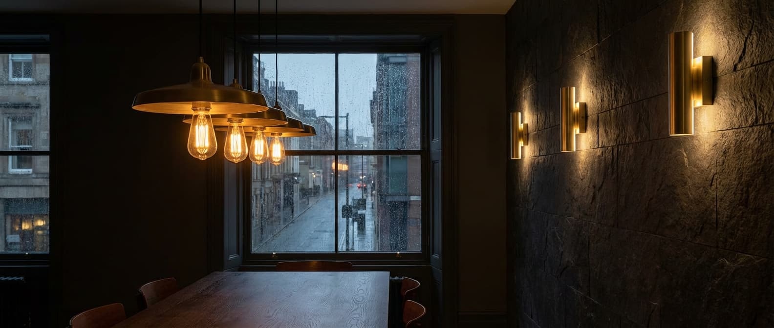 Modern brass pendant lights above a dark oak dining table