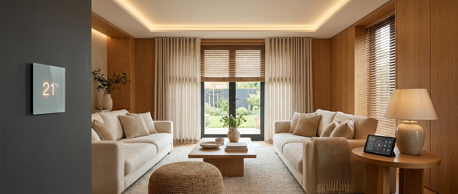 Smart home interior with voice-controlled lighting and automated blinds