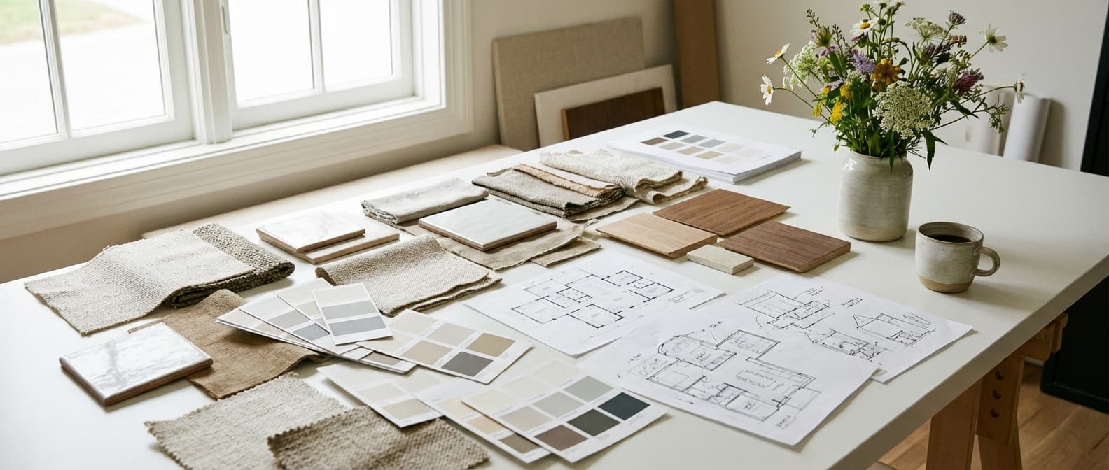 Interior designer mood board with fabric swatches and colour samples