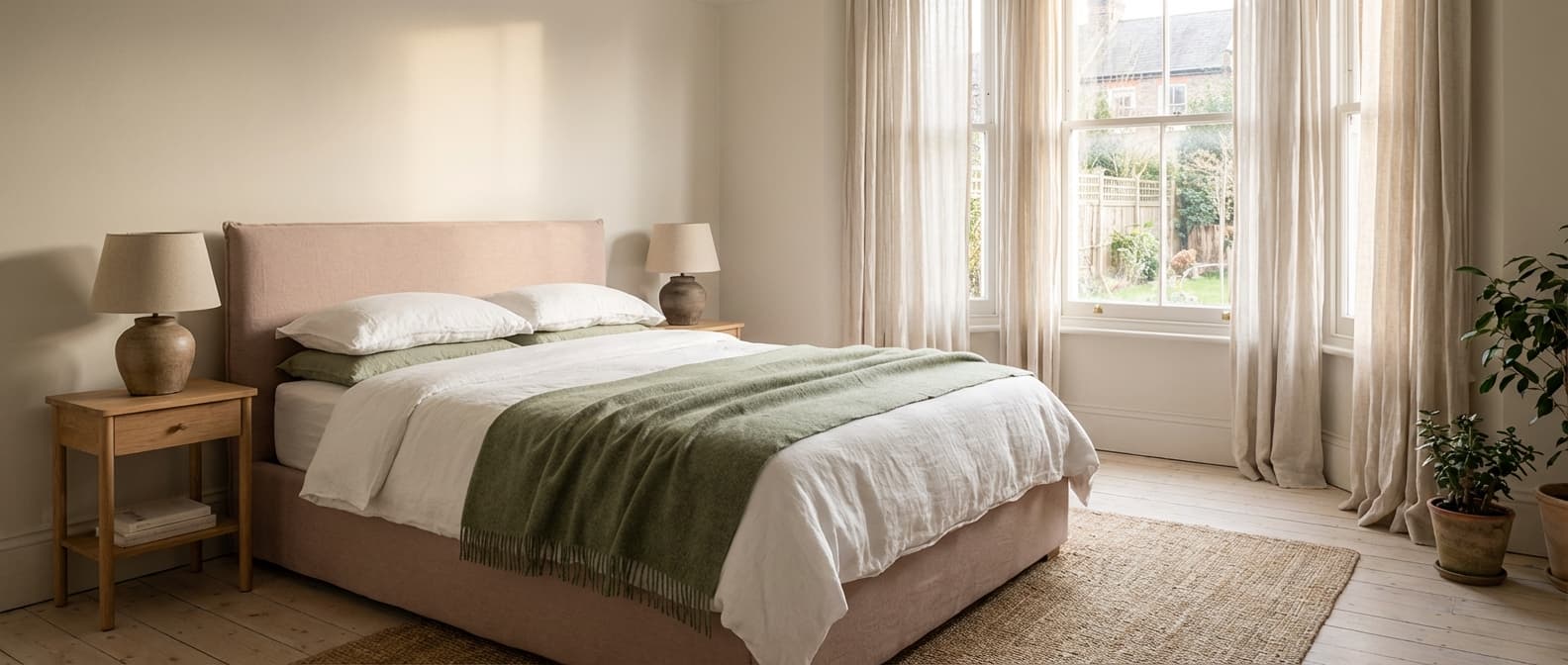 Serene modern bedroom with upholstered bed and layered bedding