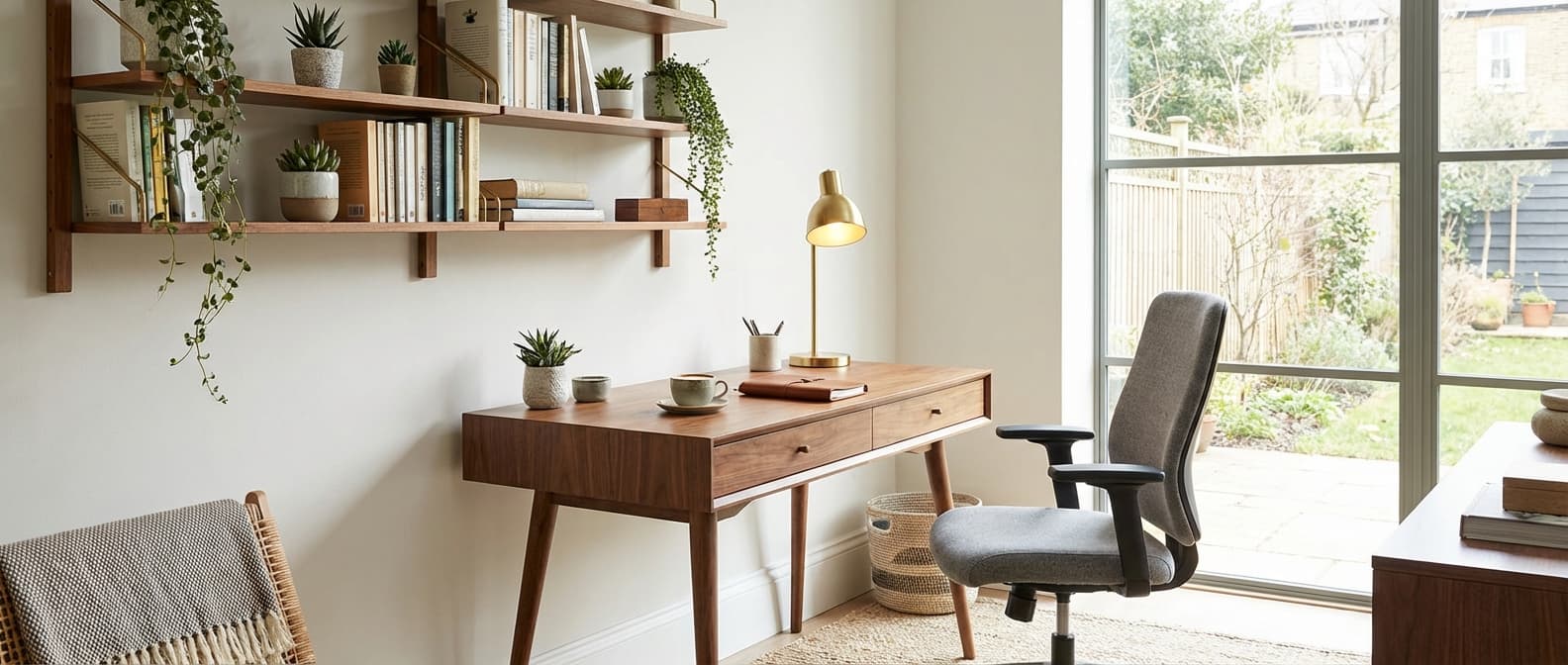 Stylish home office with mid-century walnut desk and task chair
