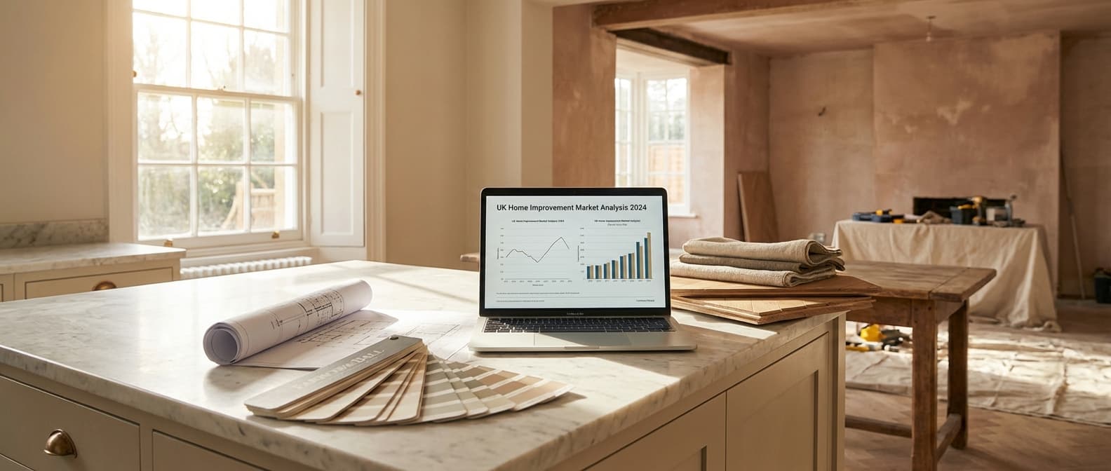 Renovation materials and market data on a modern kitchen countertop