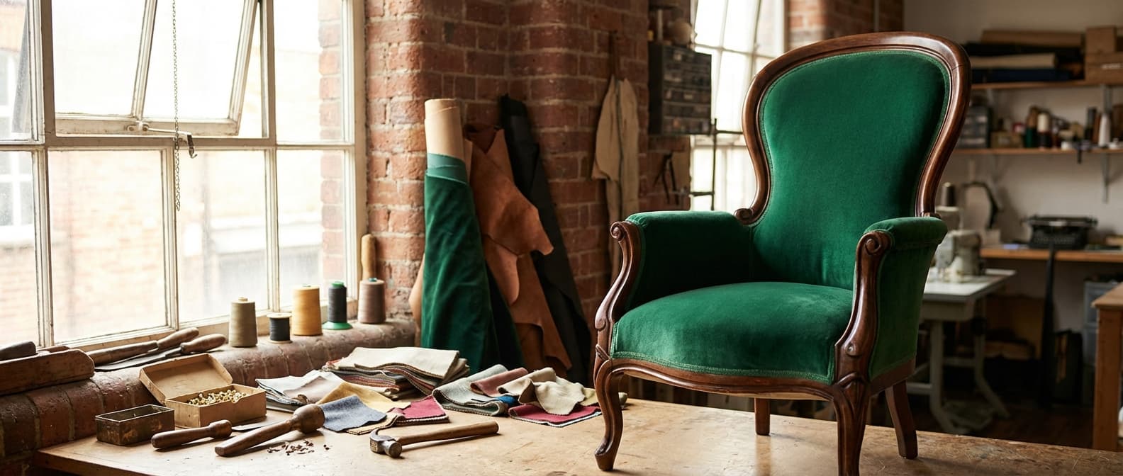 Freshly reupholstered armchair in emerald green velvet