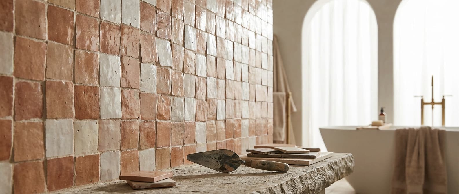 Handmade Zellige tile wall installation in a luxury bathroom